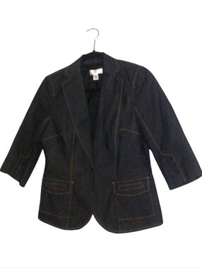 Dark Blue Stretch Denim Blazer Jean Jacket Ann Taylor LOFT Fitted Shaped 3/4 Slv